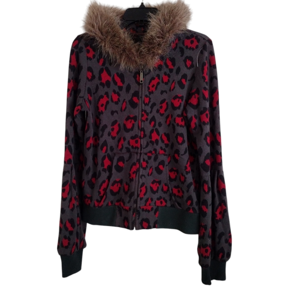BB Dakota grey red leopard print zip up hoodie jacket fur collar size Large